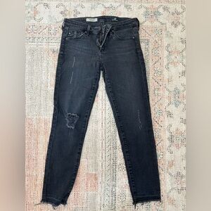 Ag Adriano Goldschmied Washed Black Skinny Jeans with Knee Rips